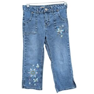 Faded Glory Girls Size 8‎ Denim Capri Jeans Blue Stretch Butterfly Floral Grunge